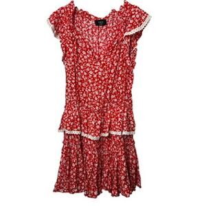 VICI Mood For Dance Red Floral Swiss Dot Ruffle Dress Women's Size Large